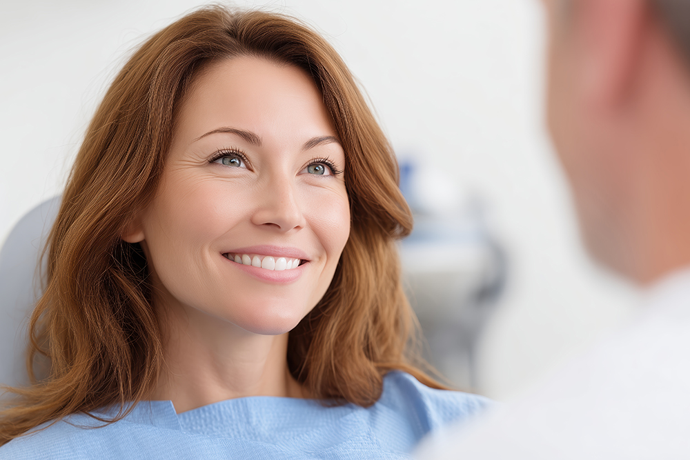 Patient discussing dental implant candidacy and tooth replacement options with a dentist.