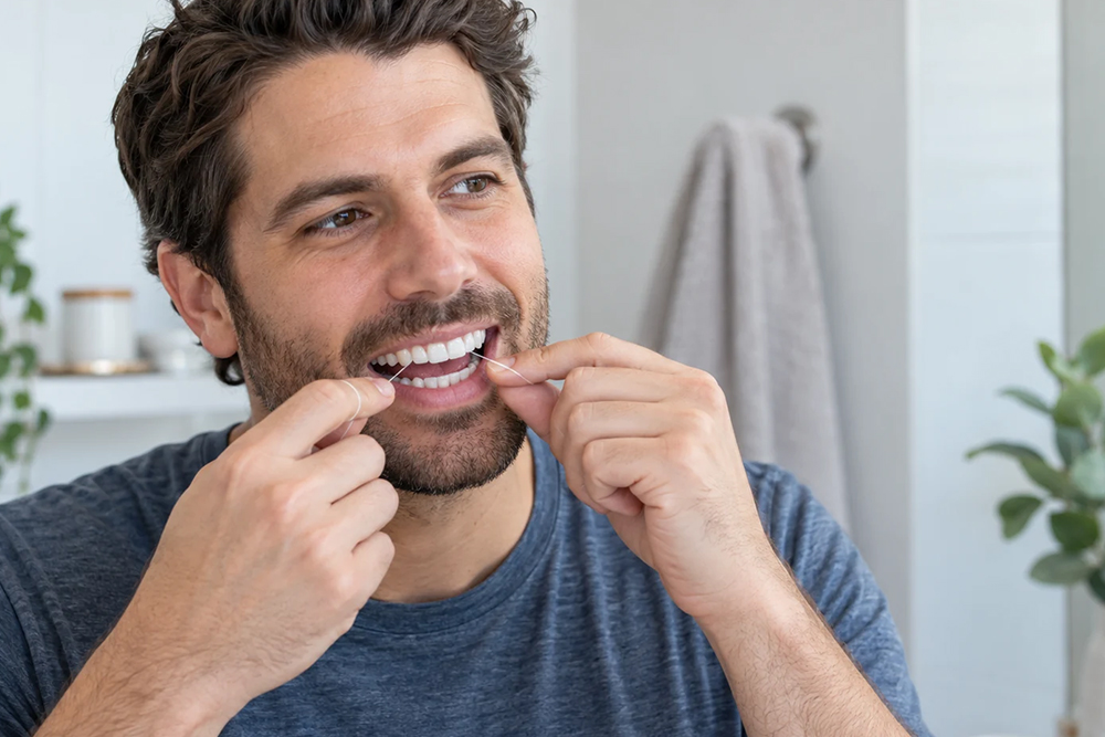 Man flossing his teeth as part of his daily oral hygiene routine.