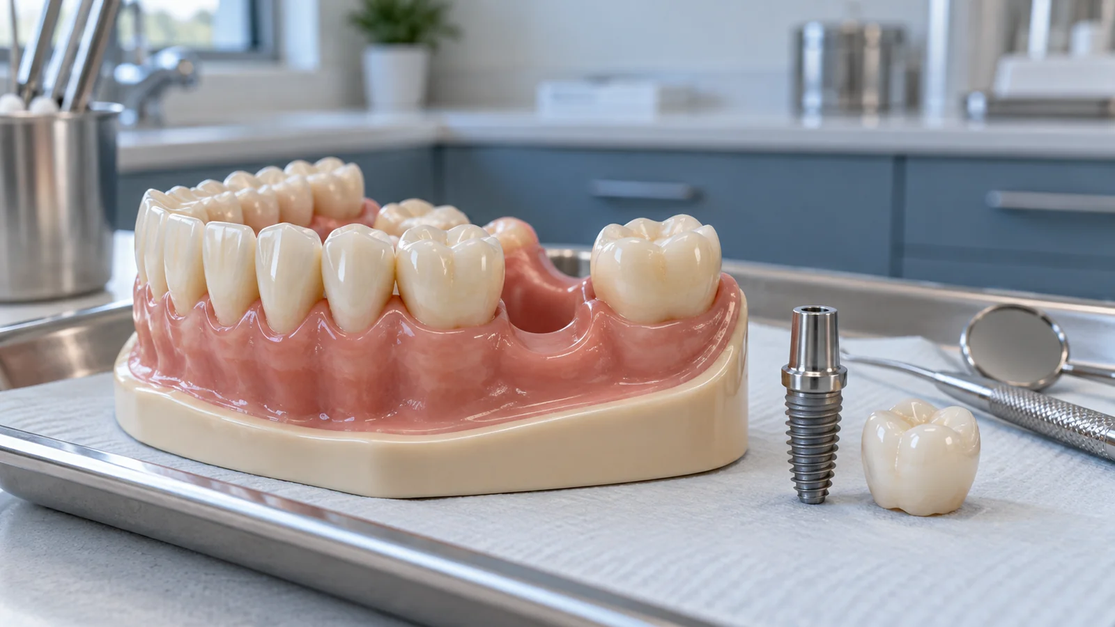 Dental implant model showing how an implant-supported tooth may replace a long-standing missing tooth.