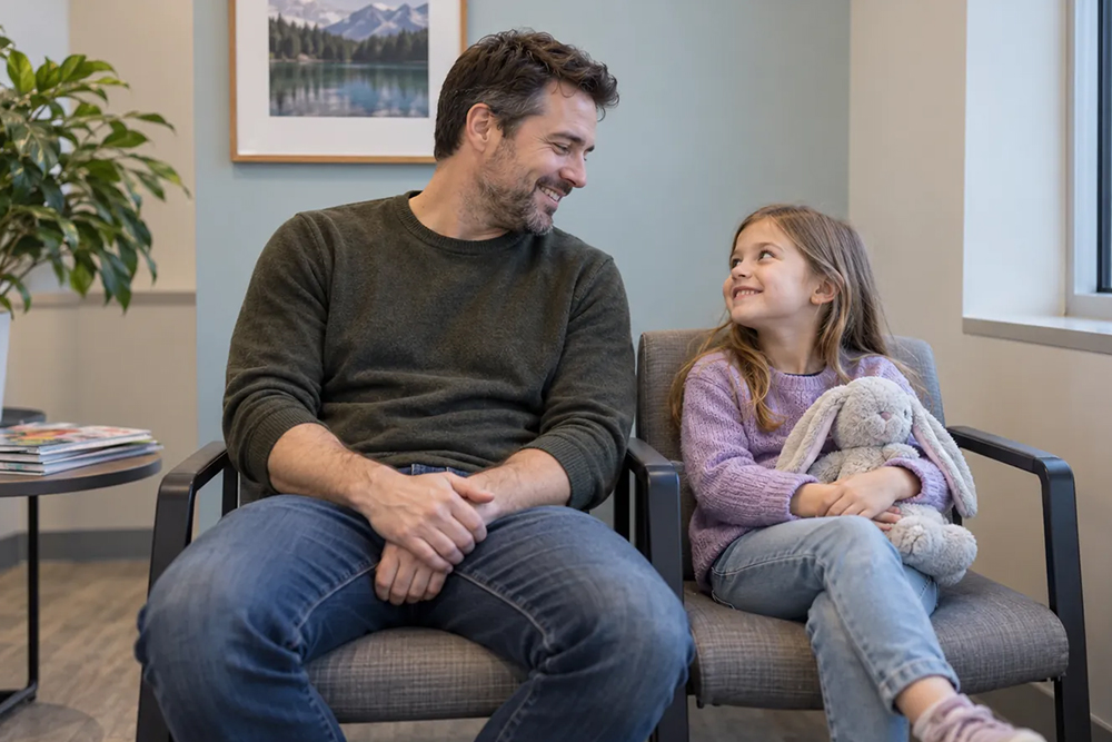 Father and daughter smile at each other while seated in a dental waiting room as the girl holds a stuffed rabbit.